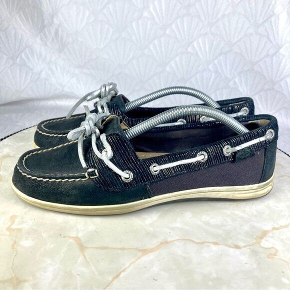 Sperry Shoes Women 7 Black Leather Classic Nautical Driving Slip On Boat Loafers - Picture 6 of 10